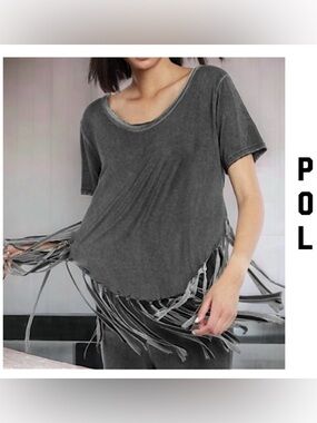 New POL Boho Western Charcoal Gray Fringed Cropped Tee Shirt